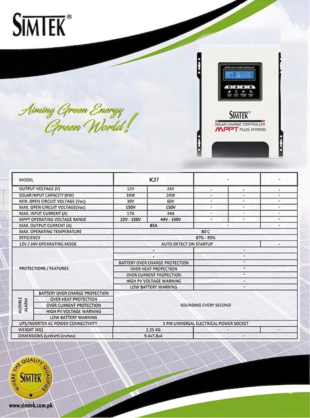 Simtek Mppt 150v 85amp  Plus Hybrid Solar Charge Controller Fully Automatic With Dual Lcd & Led Display Auto Detect 12v/24v - 1 Year Warranty - Image 8