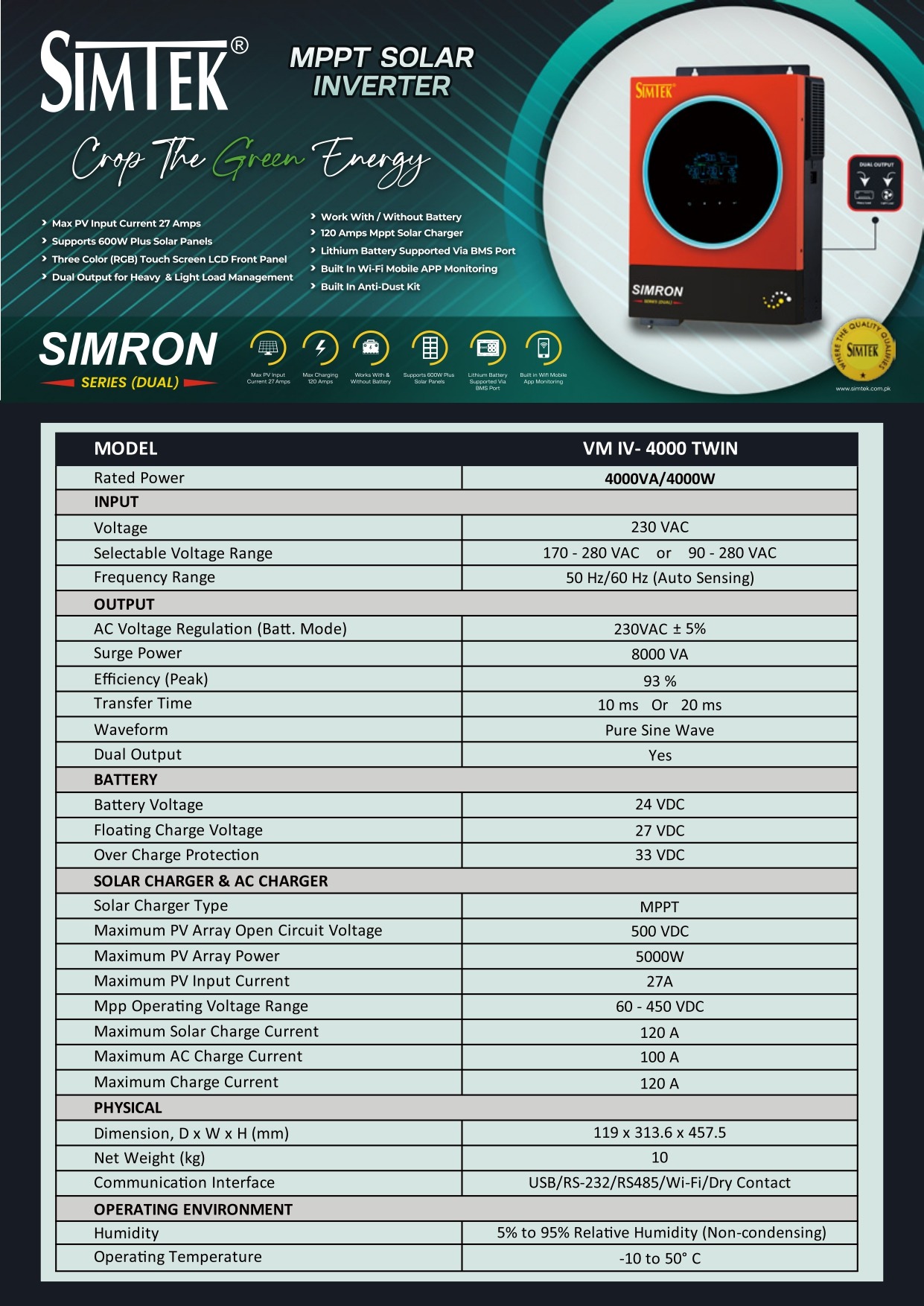 Simtek SIMRON (DUAL) 4KW-24V Solar Inverter - Image 9